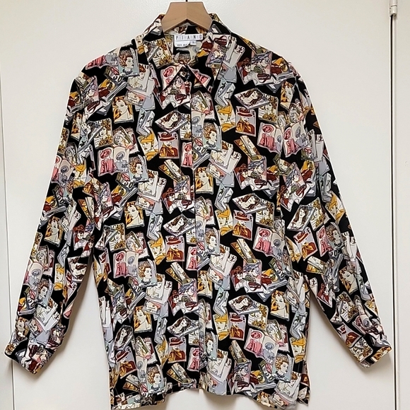 📍RARE | Vintage P.I.A.N.O Vogue Magazine Cover Print Silk Blouse - Picture 3 of 16